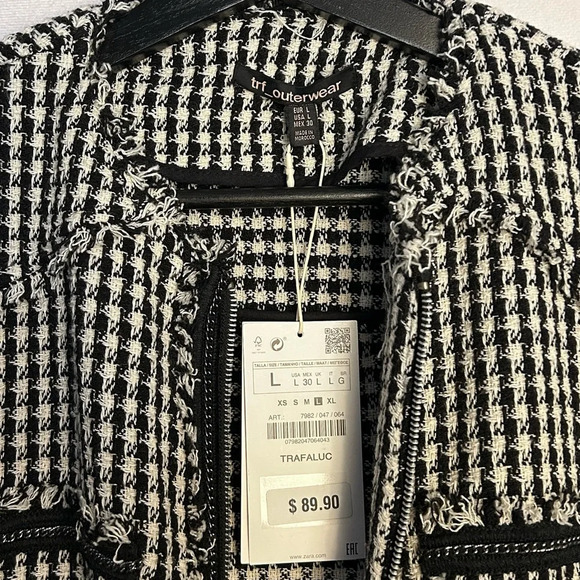 NWT Zara trf Outerwear Black White Tweed Chain Detailing Midi Coat Large - Picture 2 of 9